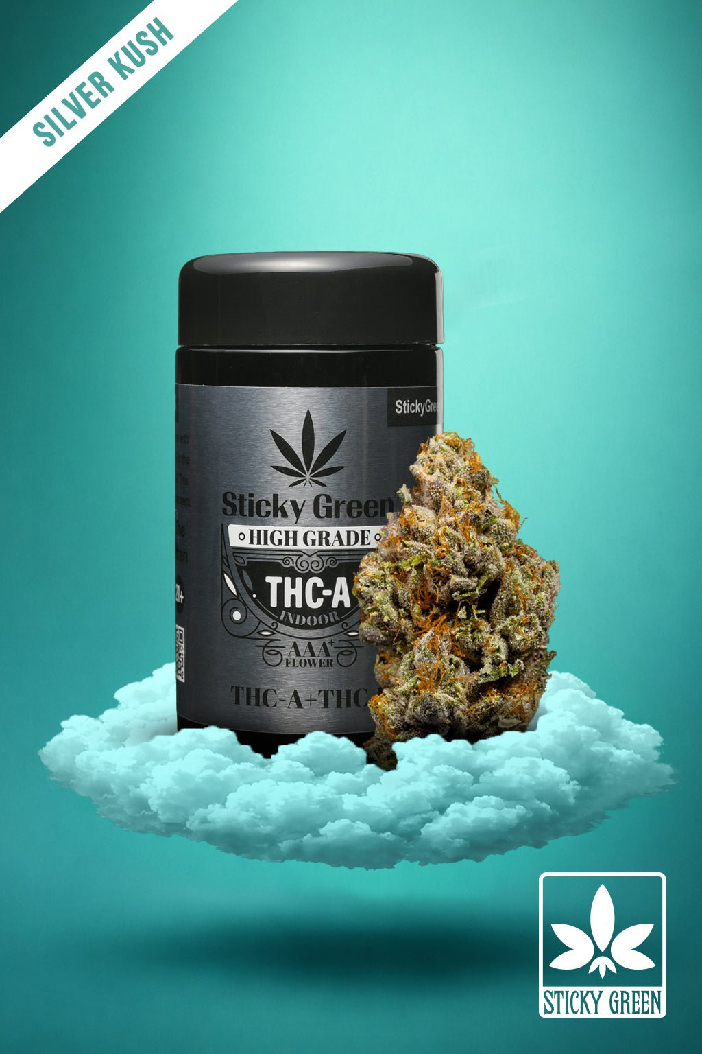 Silver Kush High Grade hemp flower bud, Hybrid cultivar from Sticky Green